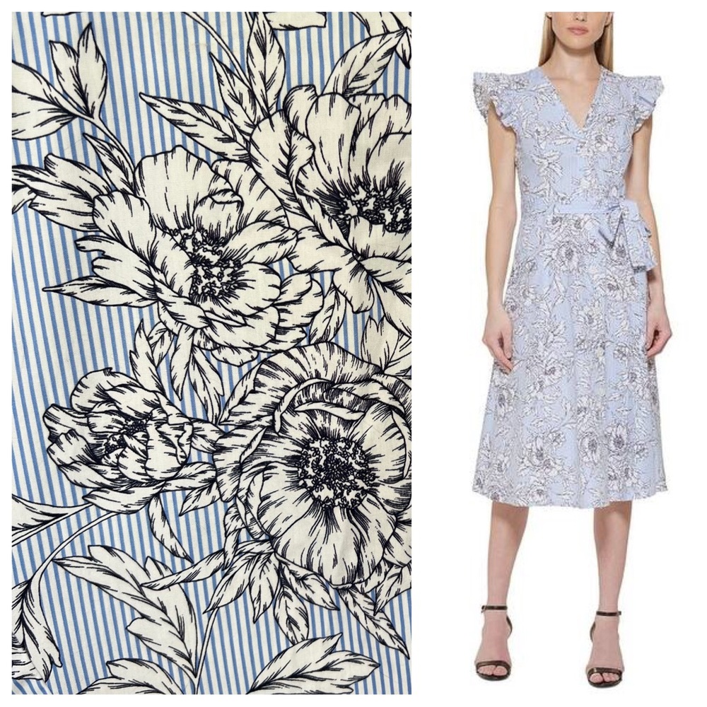 NWT Tommy Hilfiger A-Line Midi Dress with Flutter Sleeves Blue Stripes & Florals